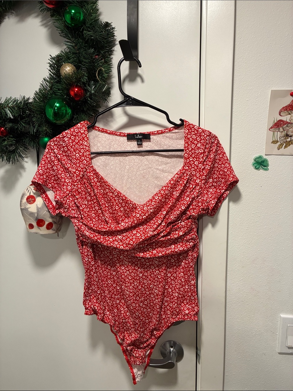 Lulu's Red Ditsy Floral V-Neck Draped Bodysuit